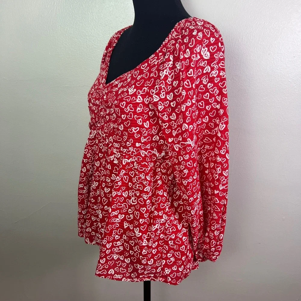 LOFT Petites Red White Heart Print Smocked Square Neck Long Sleeve Top Size 6P - Picture 2 of 10